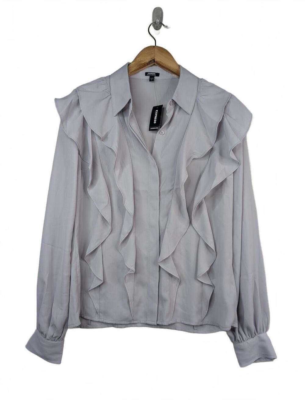 NWT Express‎ Light Gray Ruffle Long Sleeve Button-Up Blouse XS